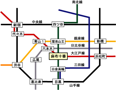 麻布十番へのアクセスマップ